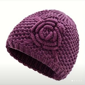 Purple Chunky Knit Beanie with Floral Design Fur Lining Adult O/S